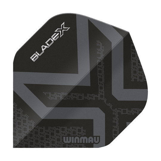 Dies ist ein Winmau Prism Delta Blade X Metallic Black No2 Standard Flights. Man sieht ein hochwertiges Dartflugblatt in schwarzem Metall-Look.