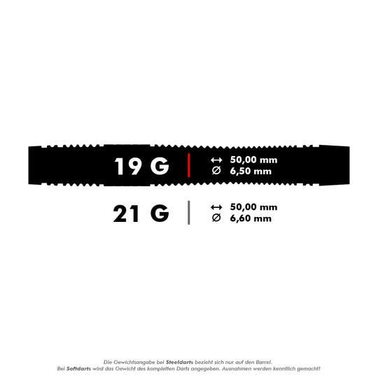 Target Scope 11 fléchettes souples Das Bild zeigt Spezifikationen für Darts mit einem Gewicht von 19 Gramm und 21 Gramm. Die Darts sind jeweils 50,00 mm lang und haben einen Durchmesser von 6,50 mm bzw. 6,60 mm.