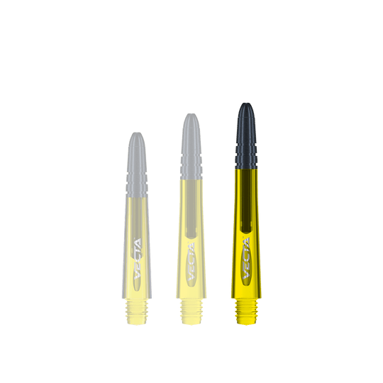 7025-206_Winmau_Vecta_Shafts_Gelb_40mm_1HA6l3pO4BnPaD Das Bild zeigt drei gelbe Winmau Vecta Shafts für Darts. Die Schäfte haben schwarze Spitzen und sind unterschiedlich lang.