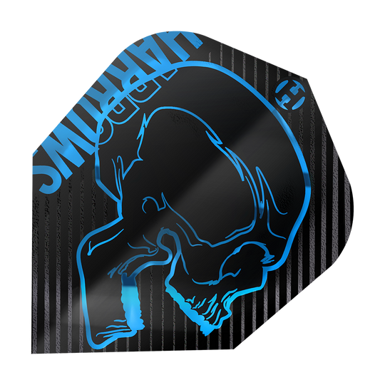 Harrows Rage Aqua No. 6 Vols Das Bild zeigt ein Dartflight mit dem Namen "Harrows Rage Aqua No6 Flights". Auf dem schwarzen Flight ist ein blauer Totenkopf und das HARROWS-Logo abgebildet.