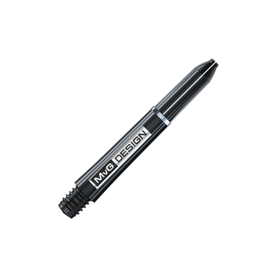 7100_Winmau_MvG_Signature_Black_Nylon_Shafts_35mm_2 Das Bild zeigt einen schwarzen Dart-Schaft mit der Aufschrift "MvG DESIGN". Es handelt sich um den Winmau Nylon Ring Grip MvG Design Black Shaft.