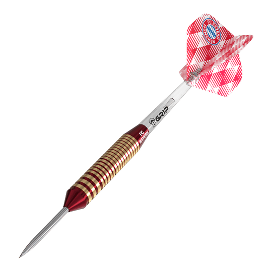 Fléchettes en acier laiton Bulls FC Bayern Munich - 21 g Hier sieht man die Bulls FC Bayern München Brass Steeldarts mit einem Gewicht von 21g. Sie sind für Steeldart geeignet und mit FC Bayern München Design gestaltet.