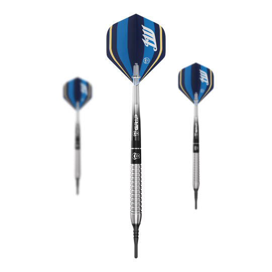 Auf dem Bild sind Bulls Leon Weber Softdarts - 22g als komplettes Set dargestellt. Das Set eignet sich perfekt für den Einstieg ins Softdart-Spiel.
