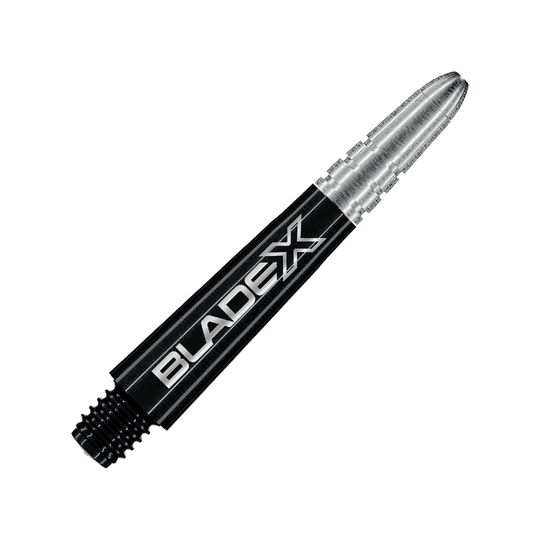 Manche Winmau Vecta Blade X - Noir Dargestellt ist ein schwarzer Dartshaft mit dem Namen Winmau Vecta Blade X, 34 mm. Dieses Objekt ist für die Verwendung mit Dartpfeilen gedacht.