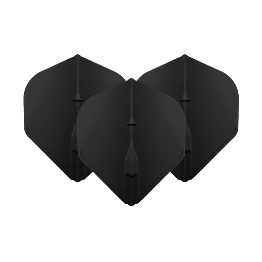 Vols standard L-Style Champagne L1EZ Das Bild zeigt drei schwarze L-Style Champagne L1EZ Standard Flights. Diese Flights sind für Dartpfeile geeignet und haben eine klassische Standardform.