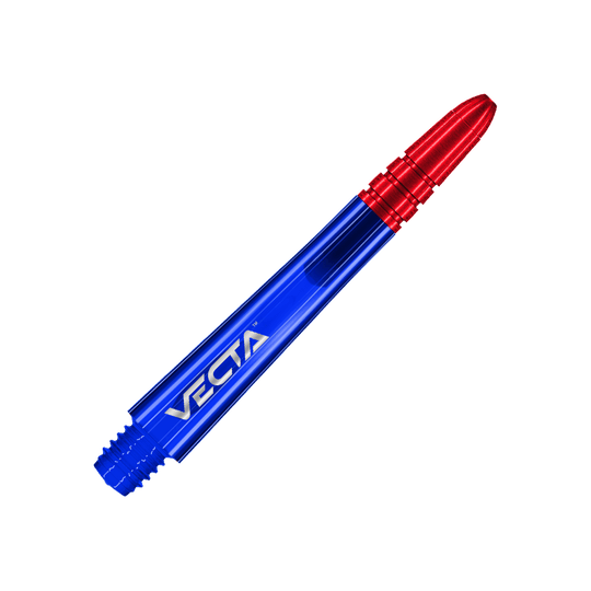 Das Bild zeigt einen Dart-Schaft in den Farben Blau und Rot. Auf dem blauen Teil steht das Wort "VECTA".