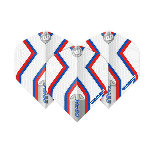 Vols standard Winmau Prism Delta Epix No2 Das Bild zeigt drei Dartflights des Produkts "Winmau Prism Delta Epix No2 Standard Flights". Die Flights sind weiß mit roten und blauen Streifen sowie geometrischem Muster gestaltet.