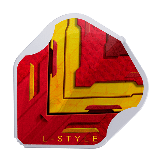 Vols L-Style V-Series V1 Type A Espagne Blanc Transparent L1EZ Das Bild zeigt ein Dart-Flight mit einem Design in den Farben Rot und Gelb. Am unteren Rand steht in gelber Schrift "L-STYLE".