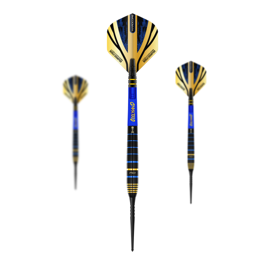 Fléchettes en acier Red Dragon Luke Humphries TX4 Avenger Das Bild zeigt drei Steeldarts des Modells "Red Dragon Luke Humphries TX4 Avenger". Die Darts haben ein auffälliges Design in Blau, Schwarz und Gold.