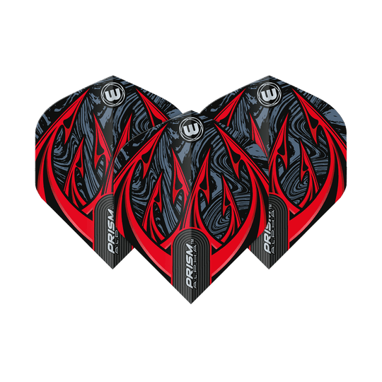 Das Bild zeigt drei Winmau Prism Alpha Diablo Standard Flights. Sie haben ein auffälliges Design in Schwarz, Rot und Grau mit modernen Mustern.