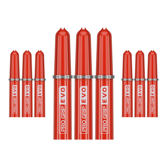 Das Bild zeigt neun rote Ersatztops des Produkts "Target Pro Grip EVO" im 9er Pack. Die Aufschrift "PRO GRIP EVO" ist deutlich auf jedem Top zu sehen.