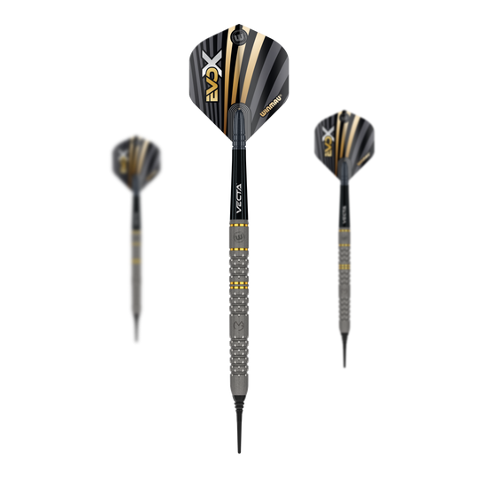 Winmau Michael Van Gerwen Evo-X fléchettes souples - 20g Das Bild zeigt drei Winmau Michael Van Gerwen Evo-X Softdarts mit einem Gewicht von 20g. Die Darts haben ein modernes Design mit schwarzen, goldenen und silbernen Akzenten.