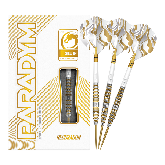Das Bild zeigt die Red Dragon Paradym Gold Torpedo Steeldarts in vollständiger Ansicht. Es sind elegante Steeldarts mit goldener Oberfläche.