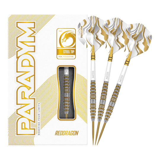 Fléchettes en acier Red Dragon Paradym Gold Torpedo Das Bild zeigt die Red Dragon Paradym Gold Torpedo Steeldarts in vollständiger Ansicht. Es sind elegante Steeldarts mit goldener Oberfläche.