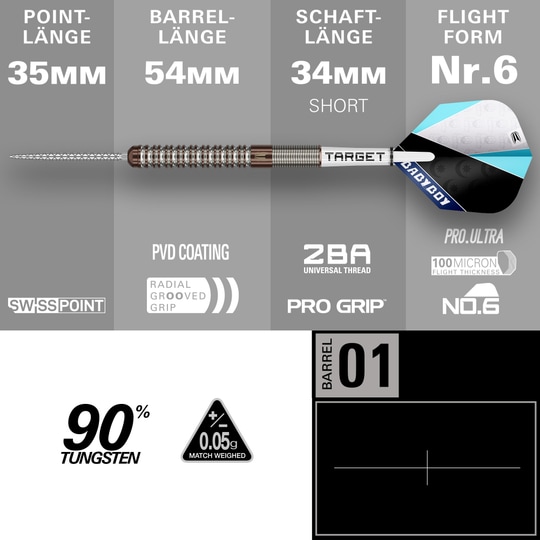 Fléchettes en acier Target Adam Lipscombe Swiss Points - 25 g Auf dem Bild sind Target Adam Lipscombe Swiss Points Steeldarts dargestellt. Diese Darts sind speziell für professionelle Anforderungen entwickelt.
