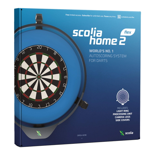 Scolia Home 2 FLEX - Système de notation électronique automatique avec anneau lumineux 2026 Die Verpackung zeigt das Produkt "Scolia Home 2 FLEX", ein elektronisches Punktesystem für Darts mit Beleuchtungsring. Auf der Vorderseite sind eine Abbildung eines Dartboards und Informationen zu den enthaltenen Komponenten zu sehen.