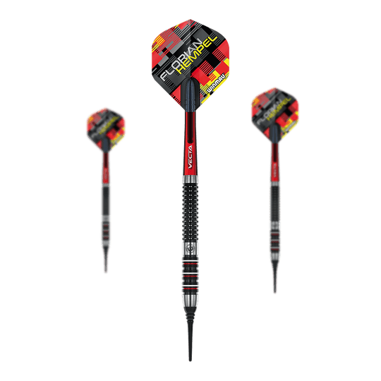 Fléchettes souples Winmau Florian Hempel - 21g Das Bild zeigt drei Winmau Florian Hempel Softdarts mit einem Gewicht von 21g. Die Darts haben rote, schwarze und silberne Details sowie ein auffälliges Flights-Design.