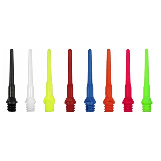 820_835520b7edc33223 Das Bild zeigt verschiedene bunte Tuflex Spitzen in einer Reihe. Jede Spitze hat eine andere Farbe und sie sind alle aus Kunststoff gefertigt.