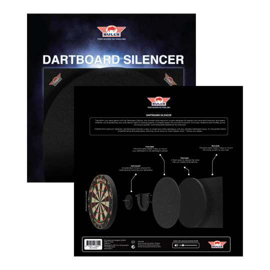Silencieux de cible de fléchettes Bulls NL Das Bild zeigt das Produkt "Bulls NL Dartboard Silencer" in seiner Verpackung. Auf der Rückseite ist eine Grafik abgebildet, die die einzelnen Komponenten und deren Funktionen erklärt.
