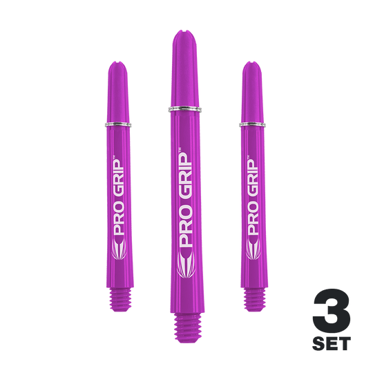 Tiges Target Pro Grip - 3 jeux - Violet Das Bild zeigt drei lila Dartschäfte der Marke "Pro Grip". In der rechten unteren Ecke steht "3 Set".