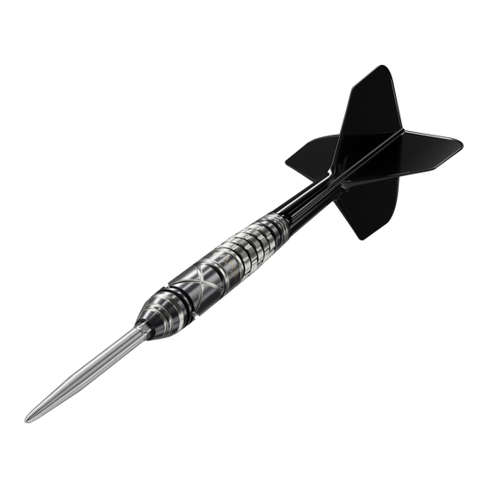 Fléchettes en acier Target Japan Black Marque Chaos 2 SP Das Bild zeigt einen Target Japan Black Marque Chaos 2 SP Steeldart. Der Dart hat ein elegantes, schwarzes Design mit präzisen Rillen am Griff.