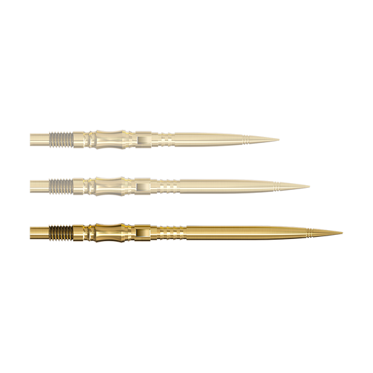 Pointes de fléchettes Harrows Quick Point Axis Elite Series - Or Eine einzelne Dartspitze in Gold ist von nahe gezeigt. Die Spitze ist nach rechts ausgerichtet.