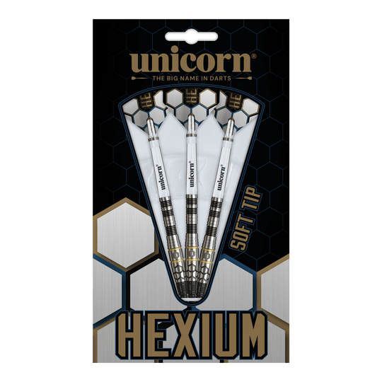 Fléchettes souples Unicorn Hexium Style 01 Noir et Or - 22 g Abgebildet sind Unicorn Hexium Style 01 Black & Gold Softdarts mit 22 Gramm. Diese Softdarts haben ein auffälliges Schwarz-Gold-Design.
