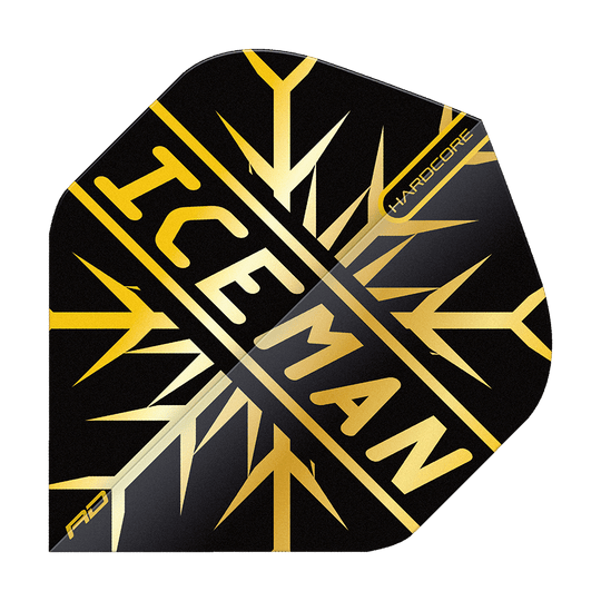Das Bild zeigt das Produkt "Red Dragon Hardcore Gerwyn Price Gold Snowflake Standard Flights". Es ist ein schwarzes Dart Flight mit goldenen Schneeflocken-Elementen und dem Schriftzug "ICEMAN".