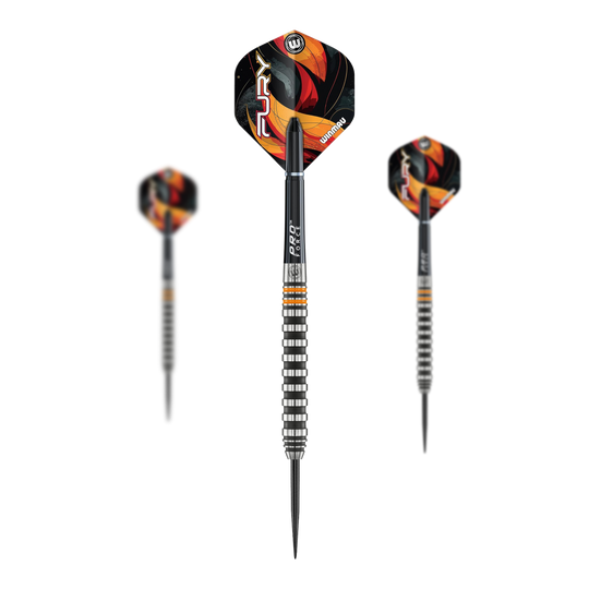 Fléchettes en acier Winmau Fury - 22 g Das Bild zeigt die Winmau Fury Steeldarts mit einem Gewicht von 22g. Diese Darts sind für Steeldartspieler geeignet.