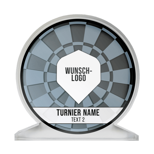 ACP-Schwarz_Acrylglas_Pokal_mit_Wunschdruck_Logo_Schwarz_1 Auf dem Bild ist ein runder Acrylglas-Pokal mit einem schwarz-grauen Dart-Design zu sehen. In der Mitte steht "WUNSCH-LOGO" und darunter "TURNIER NAME" sowie "TEXT 2".