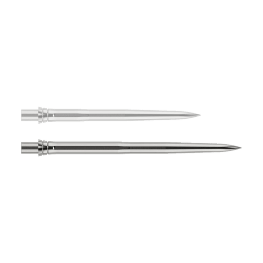 Abgebildet ist eine silberne Dartspitze mit einer Länge von 32mm. Die Spitze hat ein glattes Design und eignet sich für den Einsatz im Dartsport.