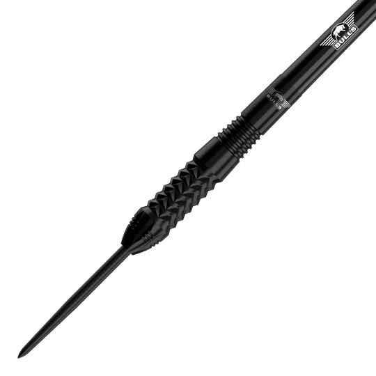 Fléchettes en acier noir Bulls NL Caliber Das Bild zeigt einen schwarzen Steeldart der Marke Bulls NL Caliber. Der Dart hat eine strukturierte Griffzone und ein glänzendes, elegantes Design.