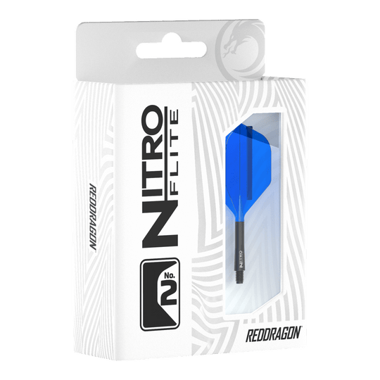Red Dragon Nitroflite - Ailettes noires bleues n° 2 Die Verpackung zeigt das Produkt "Red Dragon Nitroflite - Black Shaft Blue No2 Flights". Im Sichtfenster ist ein blauer Dart-Flügel mit schwarzem Schaft zu sehen.
