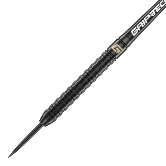 Fléchettes en acier GOAT Athlete en laiton noir - 13 g Das Bild zeigt einen schwarzen Steeldart mit dem Namen "GOAT Athlete Black Brass Steeldarts - 13g". Der Dart hat eine geriffelte Oberfläche für besseren Halt und trägt den Schriftzug "GRIP-TEC".