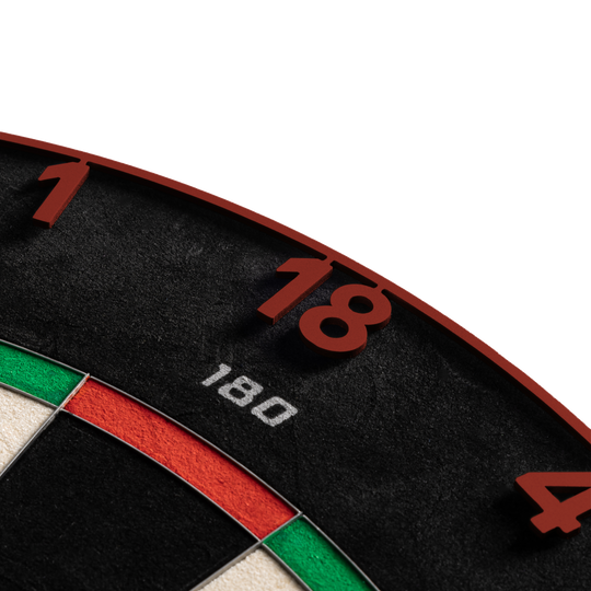 Gezeigt wird das Precise 180 Endorphine Steeldartboard mit Nummernring in Faded Red. Das Bild beschreibt das Produkt für den Dartbereich.