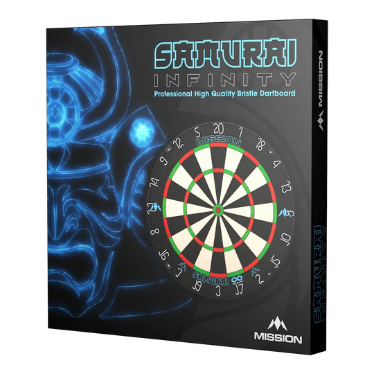 Cible de fléchettes en acier Mission Samurai Infinity Auf dem Bild ist die Verpackung des "Mission Samurai Infinity Steeldartboard" zu sehen. Die Box zeigt eine Abbildung eines Dartboards und ein leuchtendes Samurai-Motiv im Hintergrund.