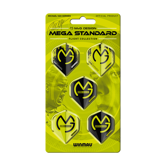 8121_Winmau_MvG_Mega_Flight_Collection_1 Das Bild zeigt das Produkt "Winmau MvG Mega Flight Collection" in einer gelb-schwarzen Verpackung. Es enthält fünf Dart-Flights mit dem MvG-Design.