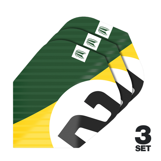 Ailettes Target Pro Ultra Chicane Vert No6 - 3 Ensembles Das Bild zeigt drei Sätze der Target Pro Ultra Chicane Green No6 Flights. Die Flights sind in den Farben Grün, Gelb, Weiß und Schwarz gestaltet.