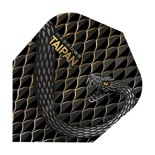 HR25_Harrows_Taipan_Gold_Standard_Flights_1 Das Bild zeigt ein Dart-Flight mit dem Namen "Harrows Taipan". Das Design ist schwarz-gold mit einer Schlangenschuppe und einer gezeichneten Schlange.