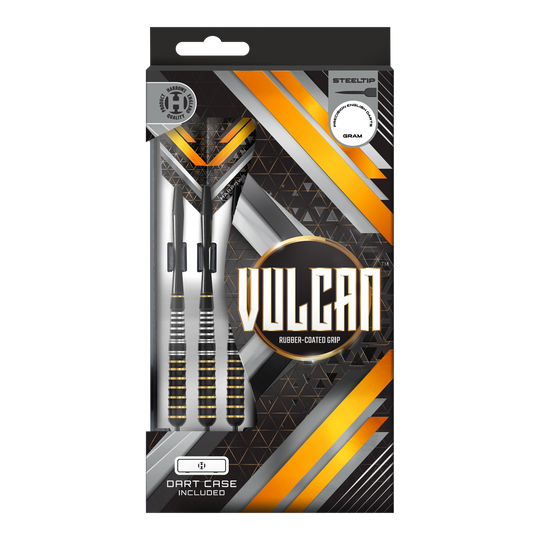 Das Bild zeigt Harrows Vulcan Steeldarts. Die hochwertige Verarbeitung ist deutlich sichtbar.