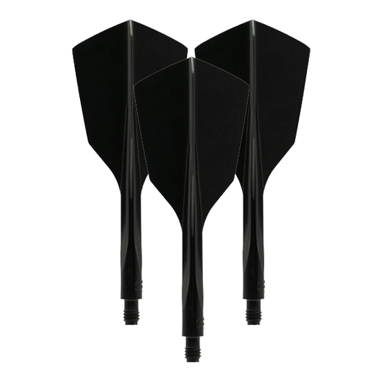 Système de vol Condor Ax 120 Noir - Étroit Das Bild zeigt drei schwarze, schmale Dartflights des Modells "Condor Axe 120 Flight-System". Sie sind nebeneinander mit der Spitze nach unten ausgerichtet.