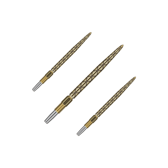 Pointes de fléchettes Target Swiss Diamond Pro Gold Das Bild zeigt drei goldfarbene Dartspitzen mit einem rautenförmigen Muster. Sie liegen nebeneinander auf einem grünen Hintergrund.