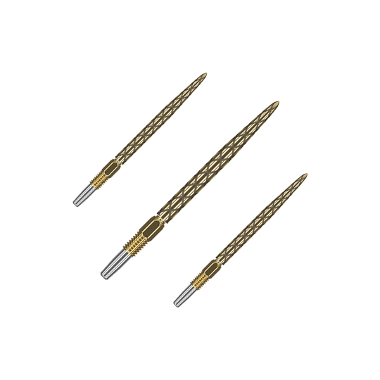 Pointes de fléchettes Target Swiss Diamond Pro Gold Goldene Dartspitzen mit matter Struktur liegen nebeneinander. Das Set ist auf einem hellen Hintergrund platziert.