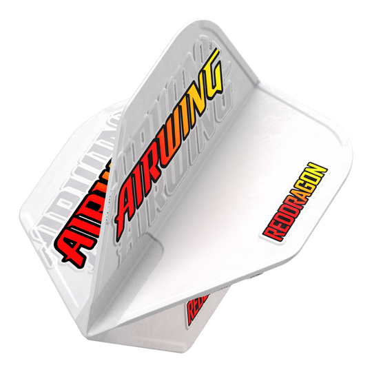 Das Bild zeigt das Produkt "Red Dragon Airwing Red Logo Standard Flights" für Darts. Die Flights sind weiß mit den auffälligen Schriftzügen "AIRWING" und "REDDRAGON" in rot und gelb.