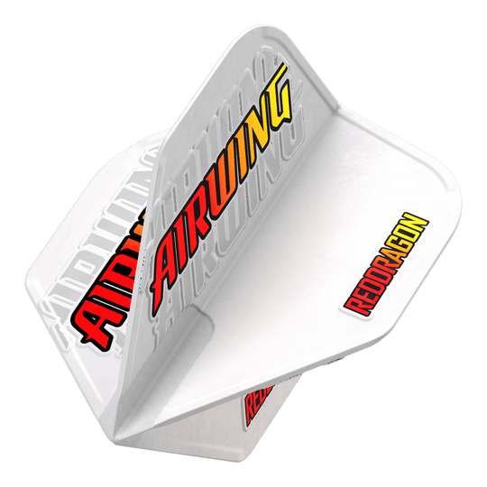 Vols standard avec logo rouge Red Dragon Airwing Das Bild zeigt das Produkt "Red Dragon Airwing Red Logo Standard Flights" für Darts. Die Flights sind weiß mit den auffälligen Schriftzügen "AIRWING" und "REDDRAGON" in rot und gelb.