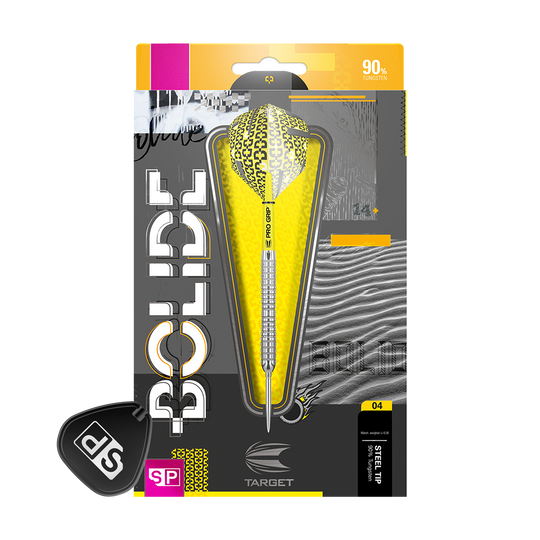 190060_Target_Bolide_04_Swiss_Point_Steeldarts_3tS9gnI5JpgQCF Das Bild zeigt die Verpackung der "Target Bolide 04 Swiss Point Steeldarts". Die Darts haben ein auffälliges gelbes Design und bestehen zu 90 % aus Tungsten.