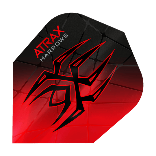 Vols Atrax Prime No6 de Harrow Das Bild zeigt das Produkt "Harrows Atrax Prime No6 Flights" in rot und schwarz. Ein auffälliges Tribal-Muster und die Markenaufschrift sind auf der Dart-Flugfläche zu sehen.