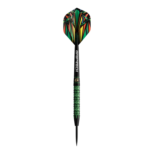 Abgebildet sind die GOAT Athlete Green Tungsten Steeldarts. Die Darts bestehen aus grünem Wolfram und sind für professionelle Spieler geeignet.