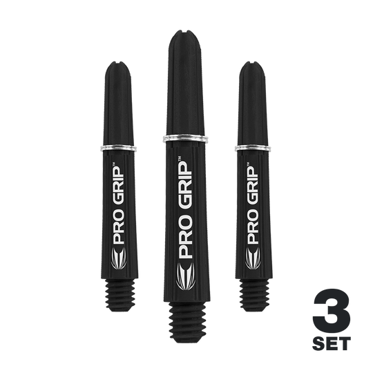 Tiges Target Pro Grip - 3 jeux - Noir Auf dem Bild sind drei schwarze Pro Grip Dartschäfte zu sehen. Unten rechts steht „3 Set“, was auf ein Set aus drei Stück hinweist.