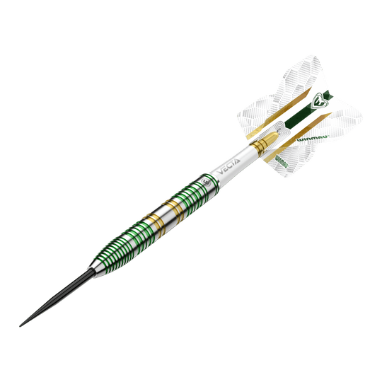 Fléchettes en acier Winmau Xenon Das Bild zeigt einen Winmau Xenon Steeldart. Der Dartpfeil hat ein silbernes Design mit grünen und goldenen Ringen sowie weißen Flights.